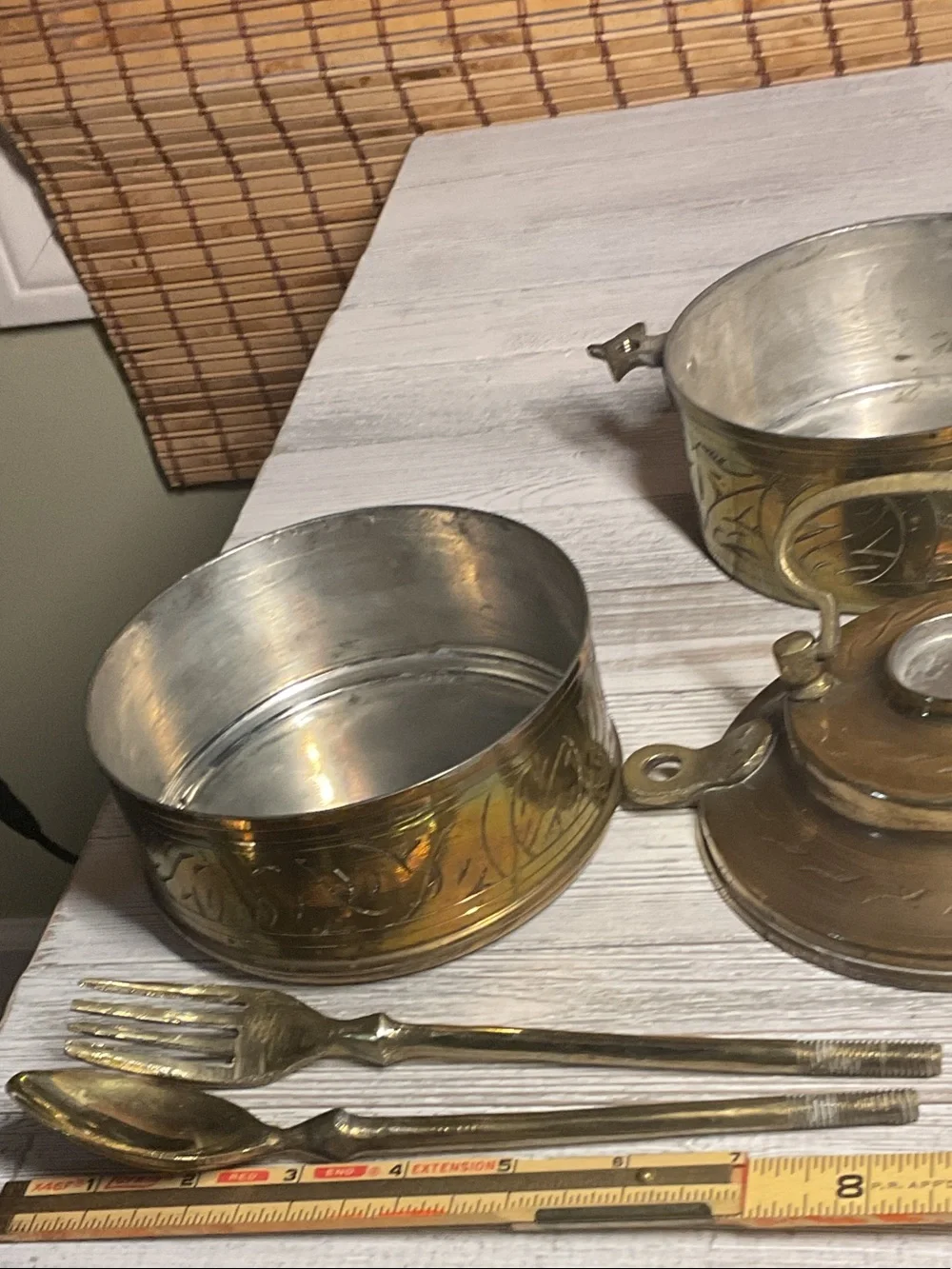 Vintage Brass Tiffin Stacking Lunchbox With Fork And Spoon Screw in Handle